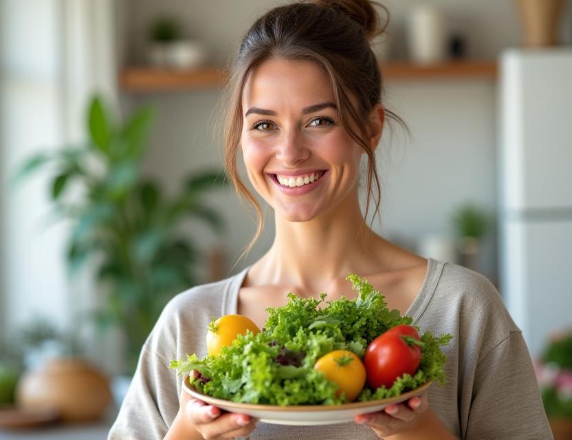 Mujer sonriendo con una ensalada saludable para el control de peso